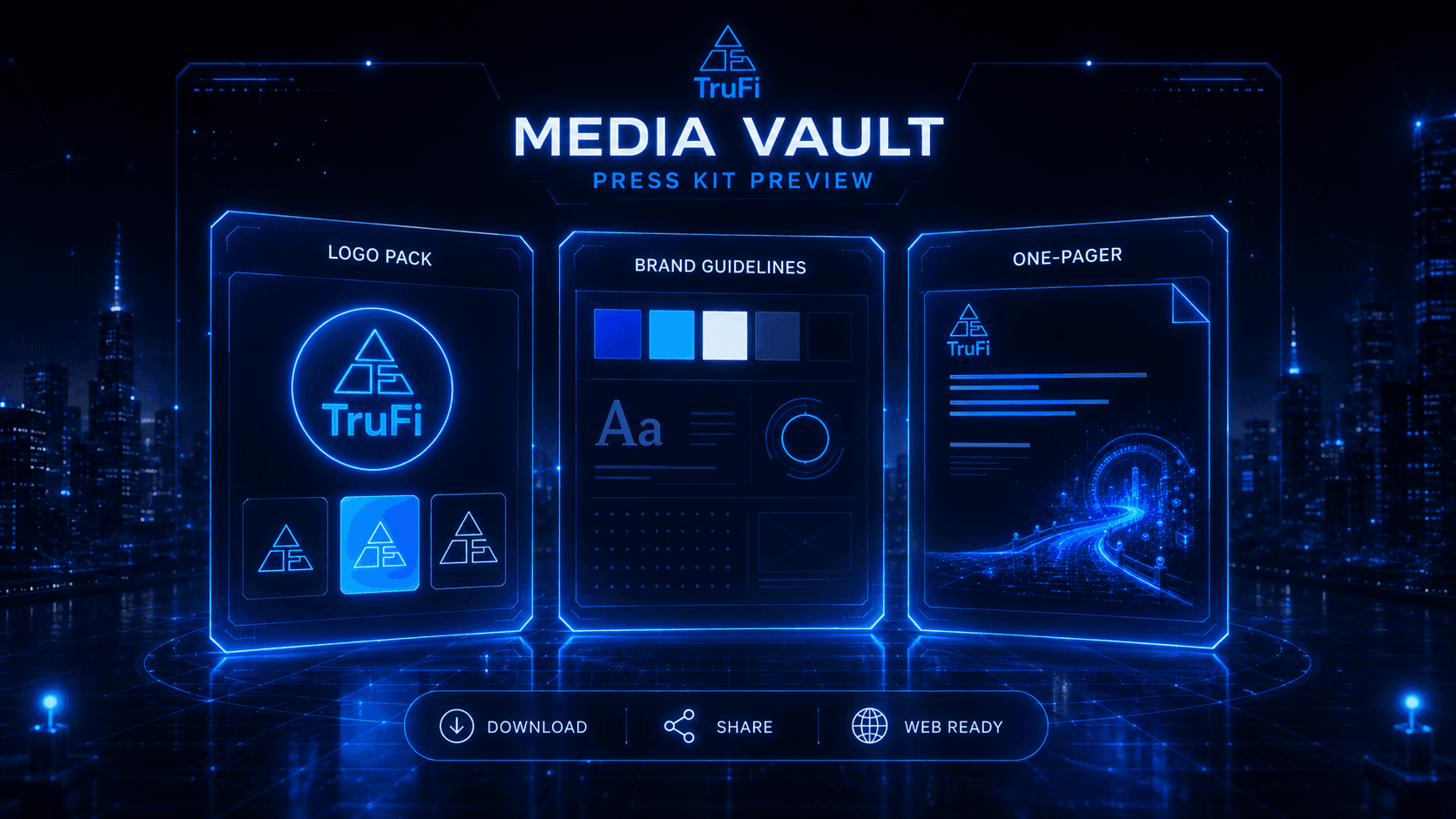 TruFi Media Vault press kit — logo pack, brand guidelines, and one-pager shown in a neon gallery